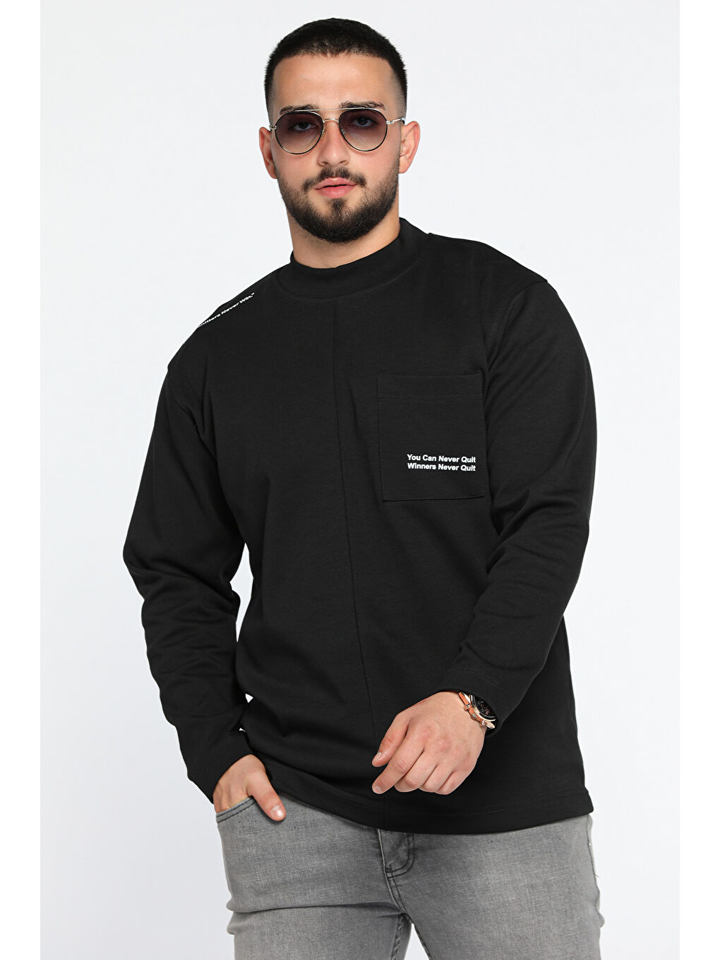 Mishar İtalia Siyah Yazı Baskılı Cepli Double Face Erkek Sweatshirt