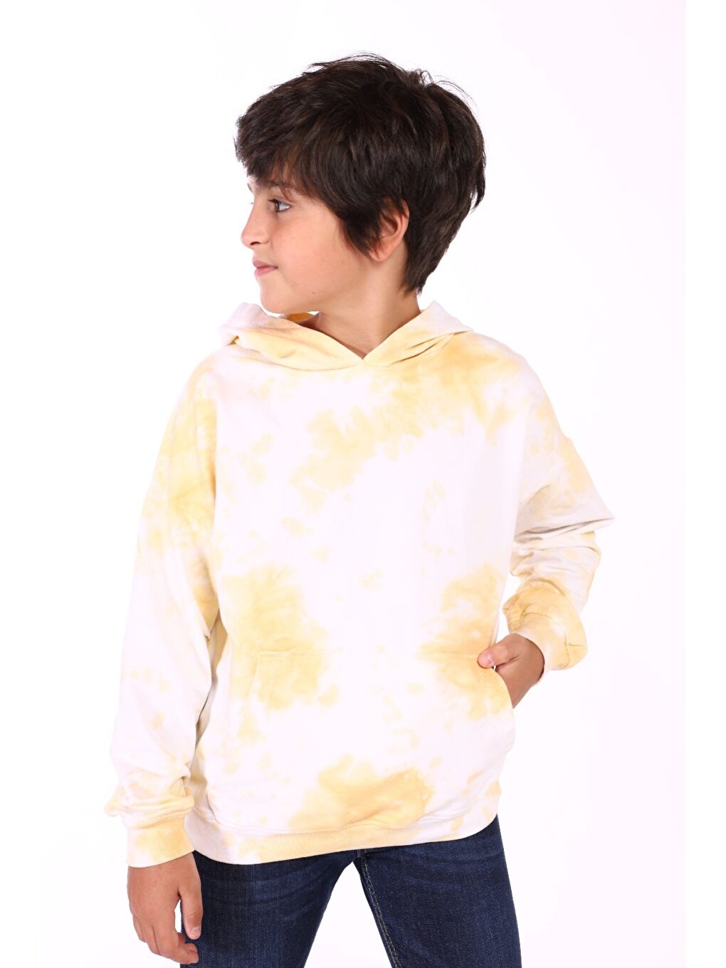 Sarı Erkek Çocuk Kapüşonlu Bastik Desenli Sweatshirt