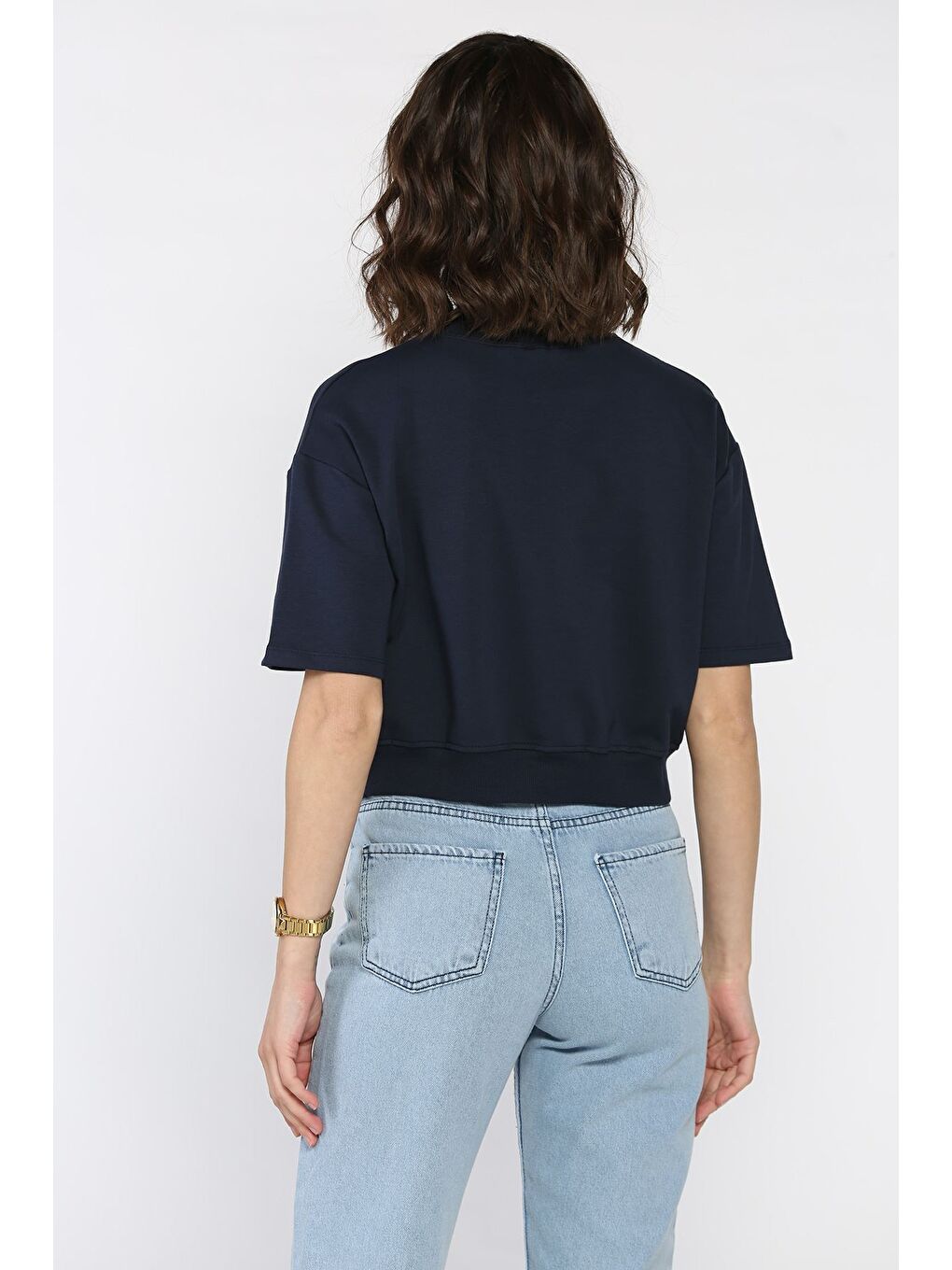 Lacivert Kadın Metal Kalp Aksesuarlı Tişört-2