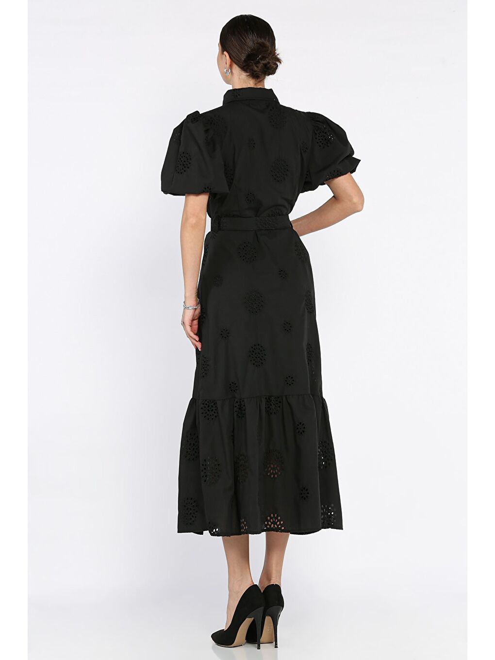 Siyah Kadın Kemer Detaylı Balon Kol Brode Elbise-2