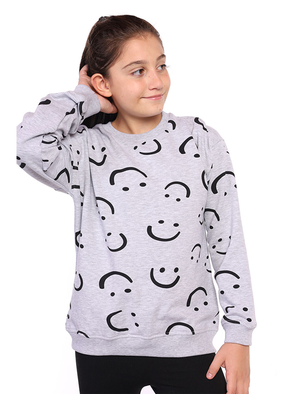 Toontoykids Gri Melanj Kız Çocuk Komple Gülen İfade Baskılı Sweatshirt