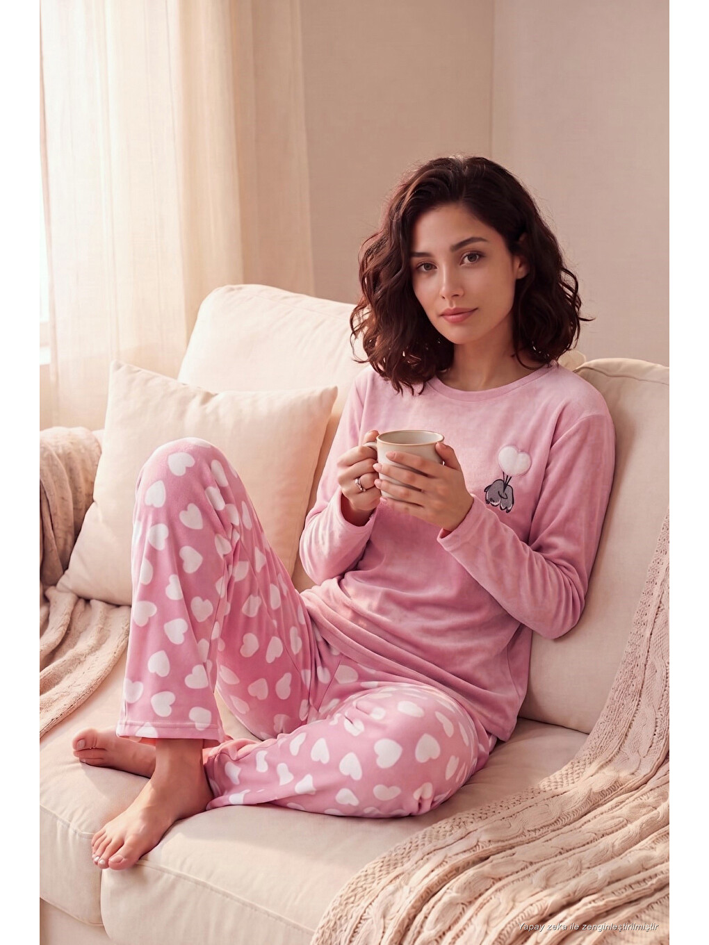 Pembe Desenli Yumuşak Dokulu Uzun Kollu Kadın Pijama Takımı 65750155