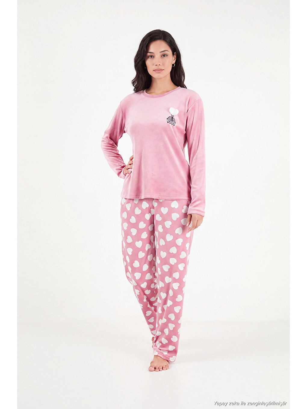 Pembe Desenli Yumuşak Dokulu Uzun Kollu Kadın Pijama Takımı 65750155-2