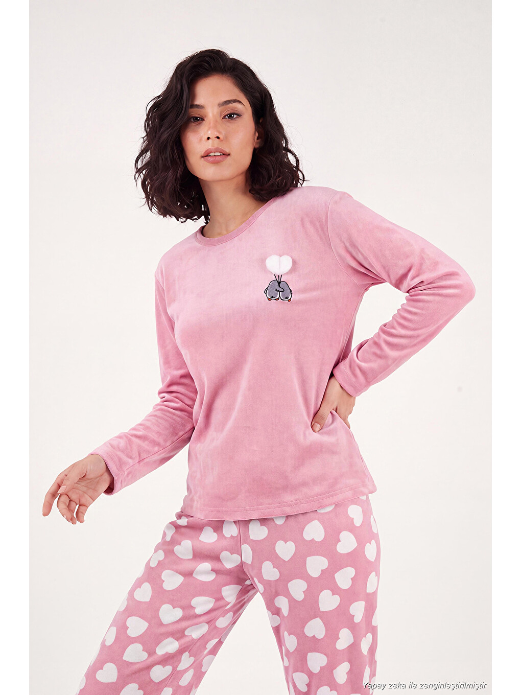 Pembe Desenli Yumuşak Dokulu Uzun Kollu Kadın Pijama Takımı 65750155-3