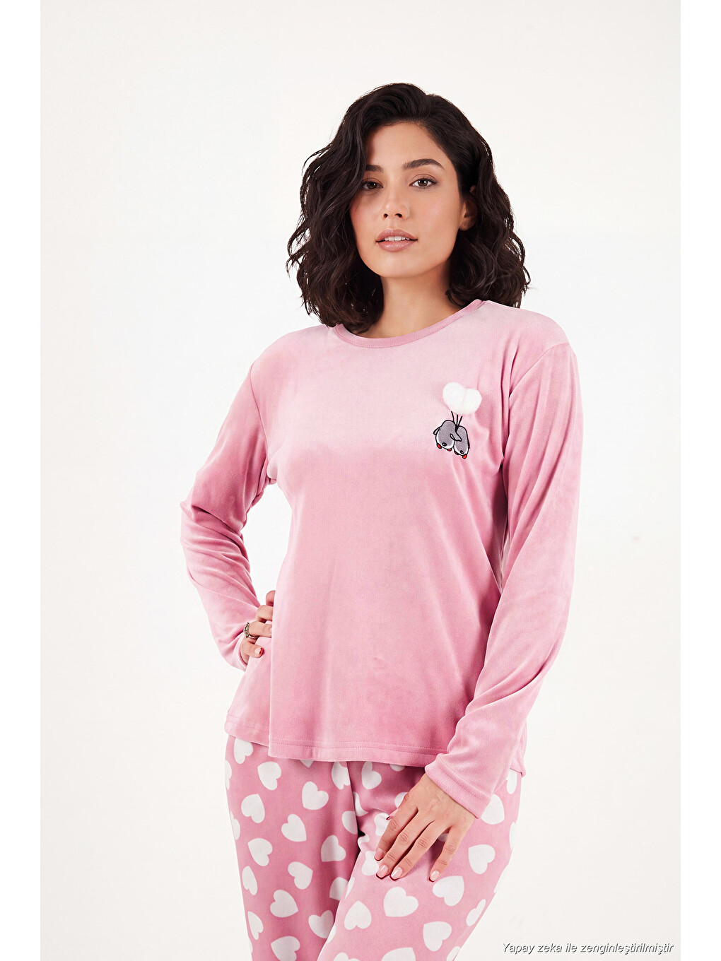 Pembe Desenli Yumuşak Dokulu Uzun Kollu Kadın Pijama Takımı 65750155-4