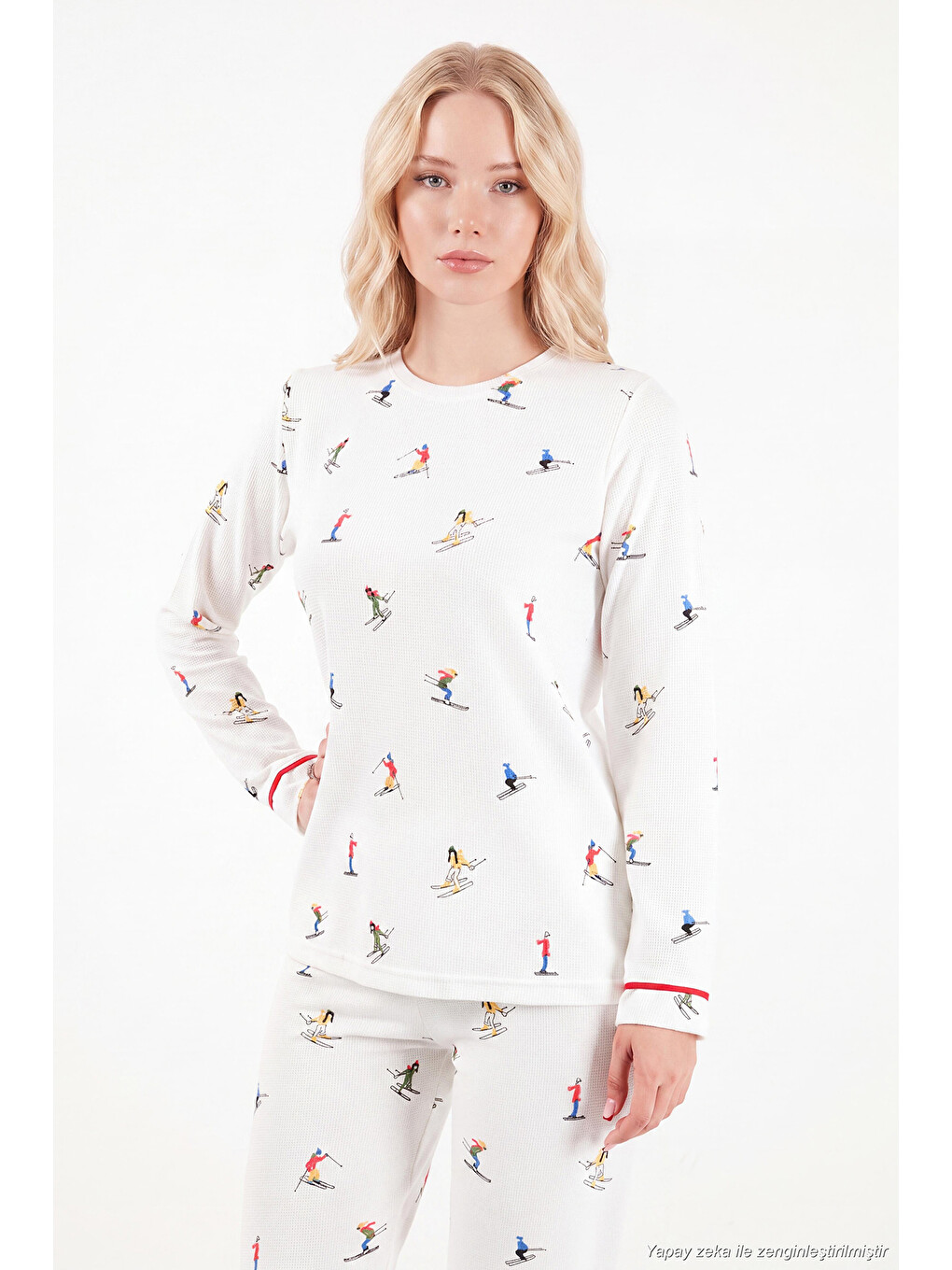 Ekru Kış Temalı Bisiklet Yaka Uzun Kollu Kadın Pijama Takımı 6575019-4