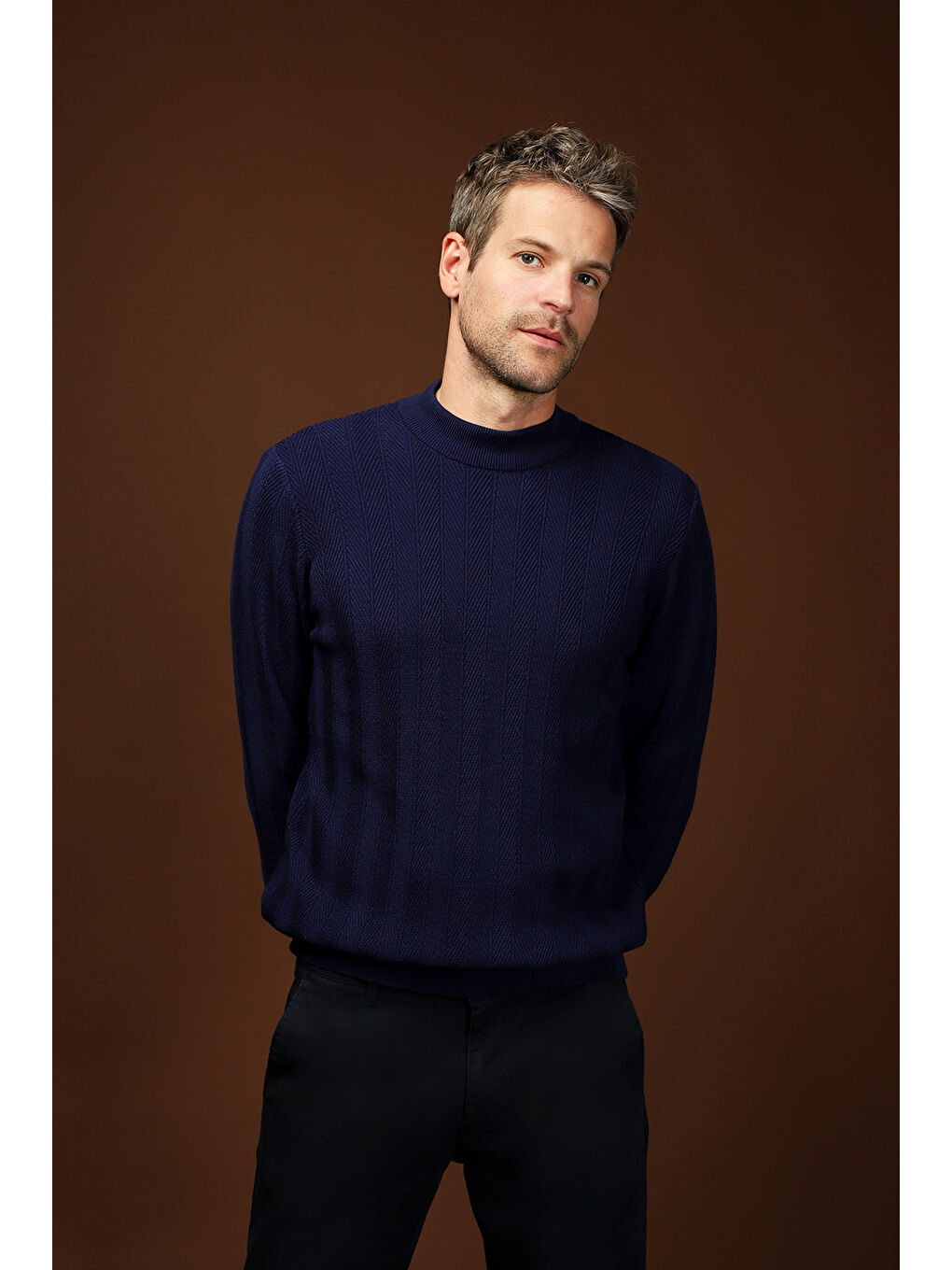 Lacivert Bato Yaka Slim Fit Dar Kesim Desenli Pamuklu Triko Büyük Beden Kazak