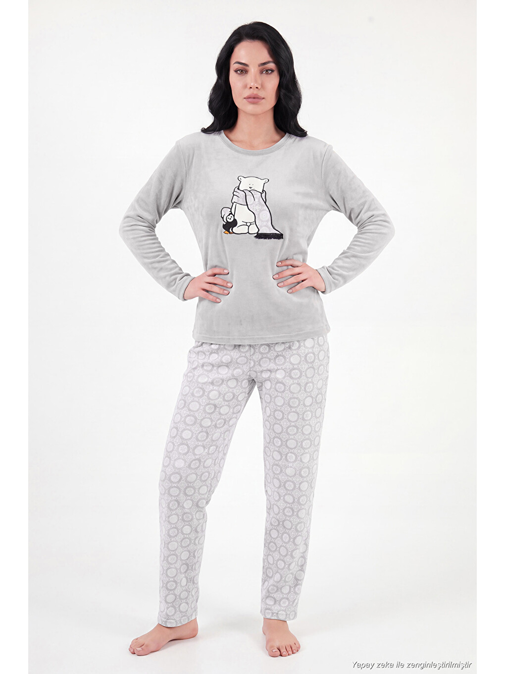 Gri Desenli Yumuşak Dokulu Uzun Kollu Kadın Pijama Takımı 6575016-1