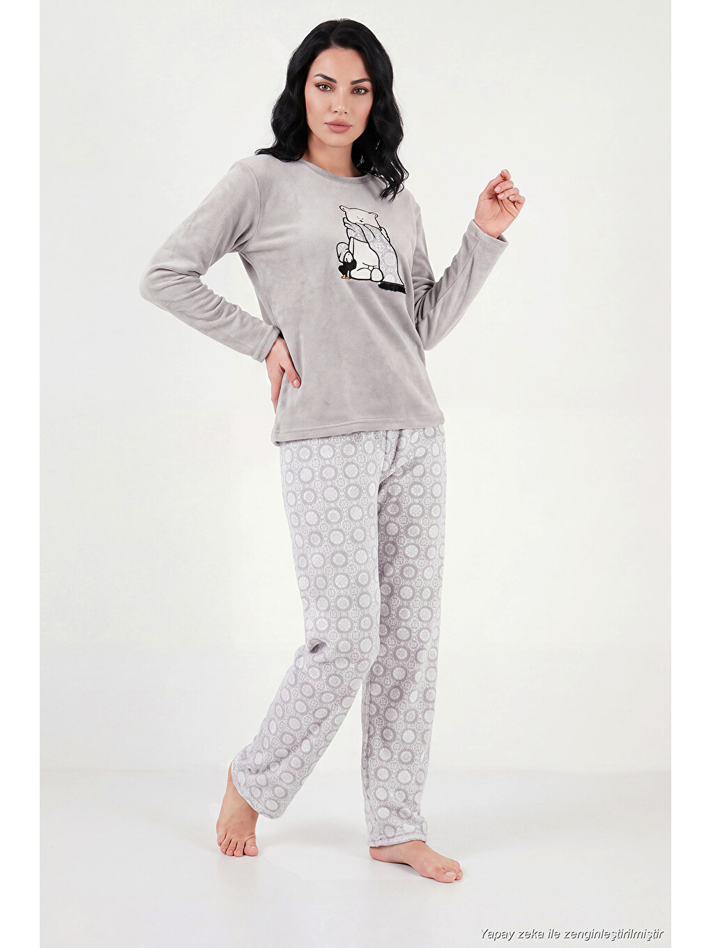 Gri Desenli Yumuşak Dokulu Uzun Kollu Kadın Pijama Takımı 6575016-2