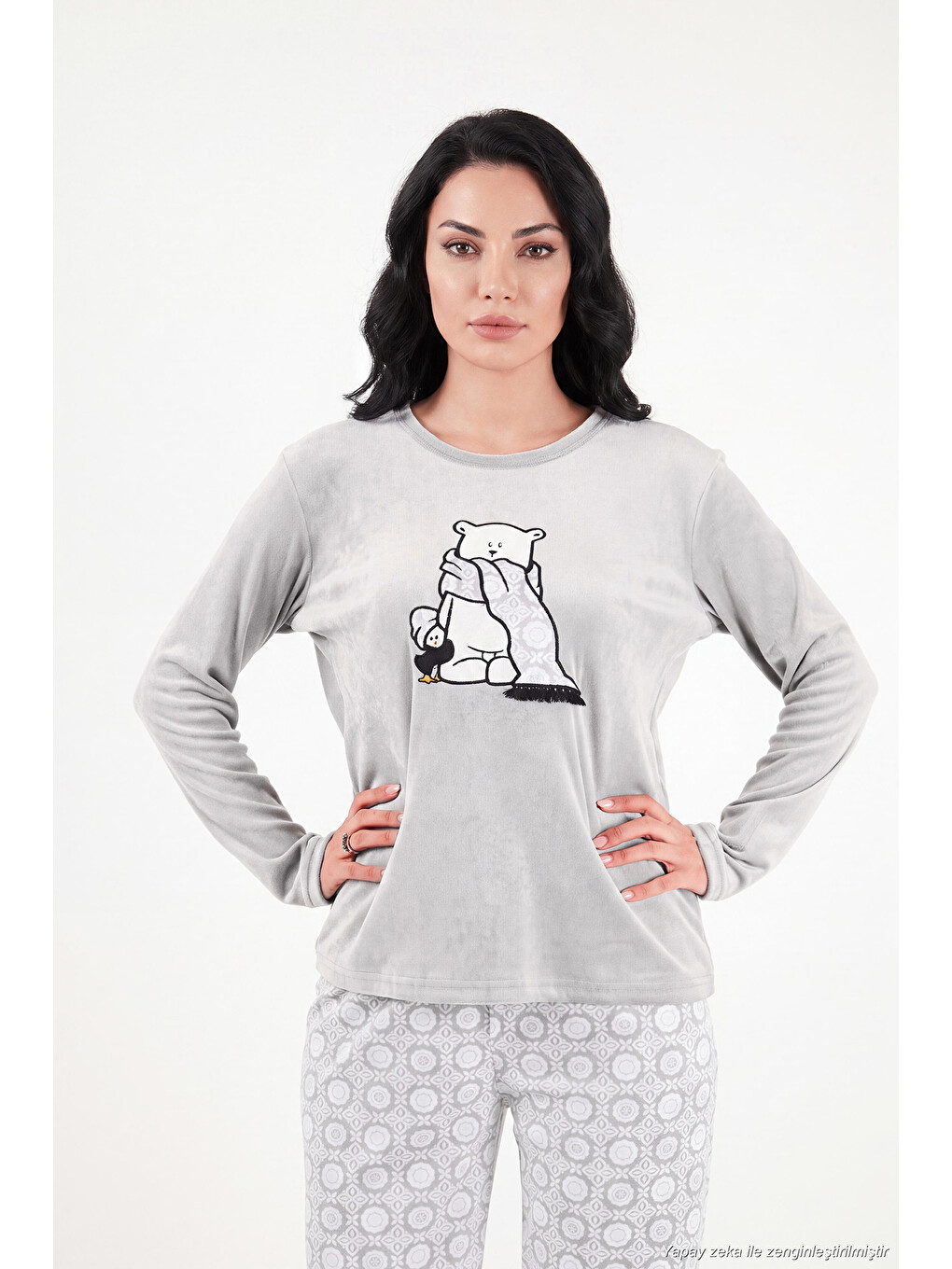 Gri Desenli Yumuşak Dokulu Uzun Kollu Kadın Pijama Takımı 6575016-3