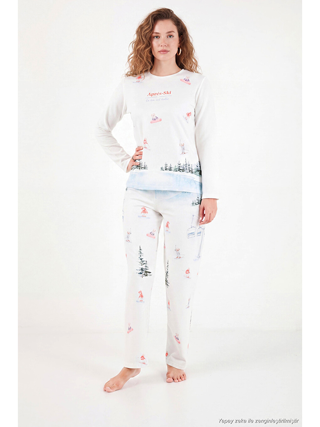Ekru Kış Temalı Bisiklet Yaka Uzun Kollu Kadın Pijama Takımı 6575019-1