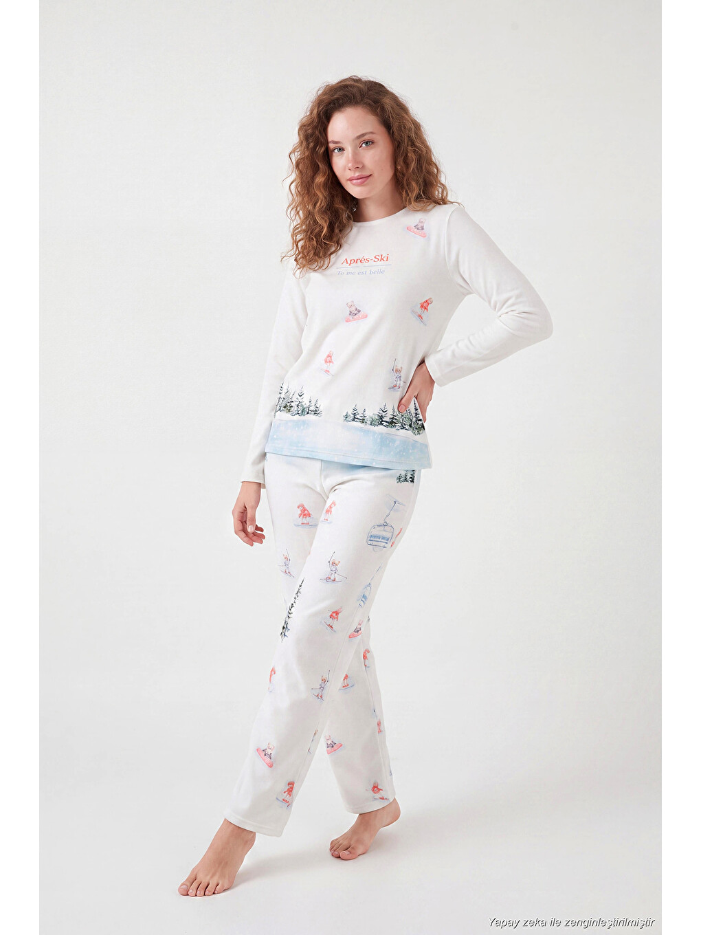 Ekru Kış Temalı Bisiklet Yaka Uzun Kollu Kadın Pijama Takımı 6575019-2