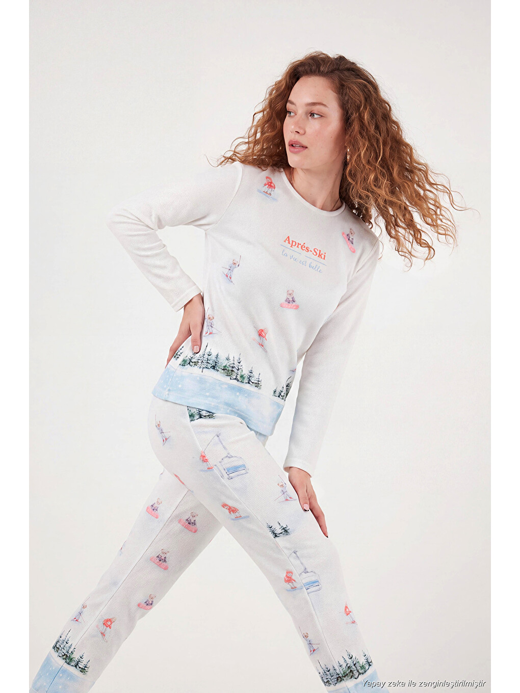 Ekru Kış Temalı Bisiklet Yaka Uzun Kollu Kadın Pijama Takımı 6575019-3