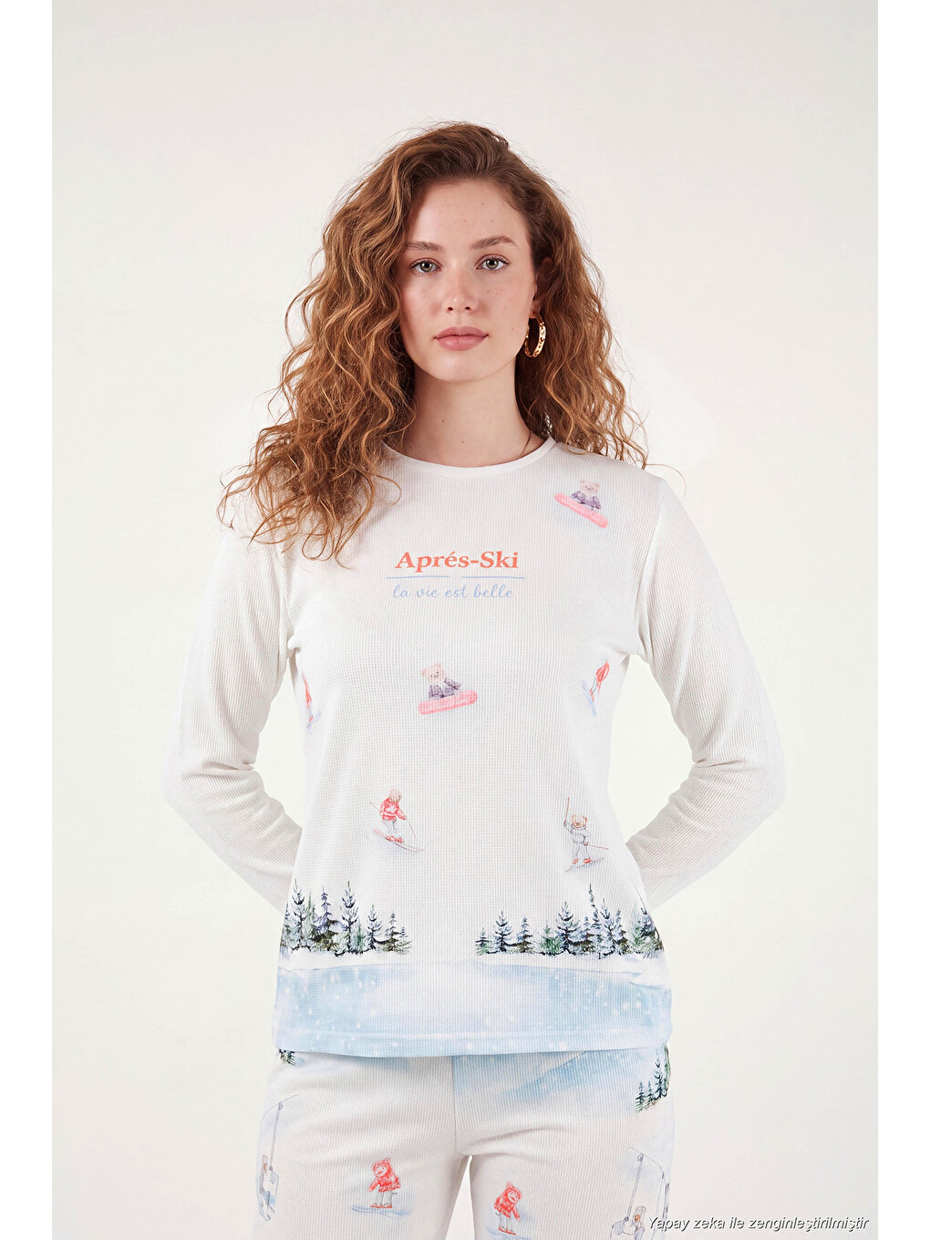 Ekru Kış Temalı Bisiklet Yaka Uzun Kollu Kadın Pijama Takımı 6575019-4