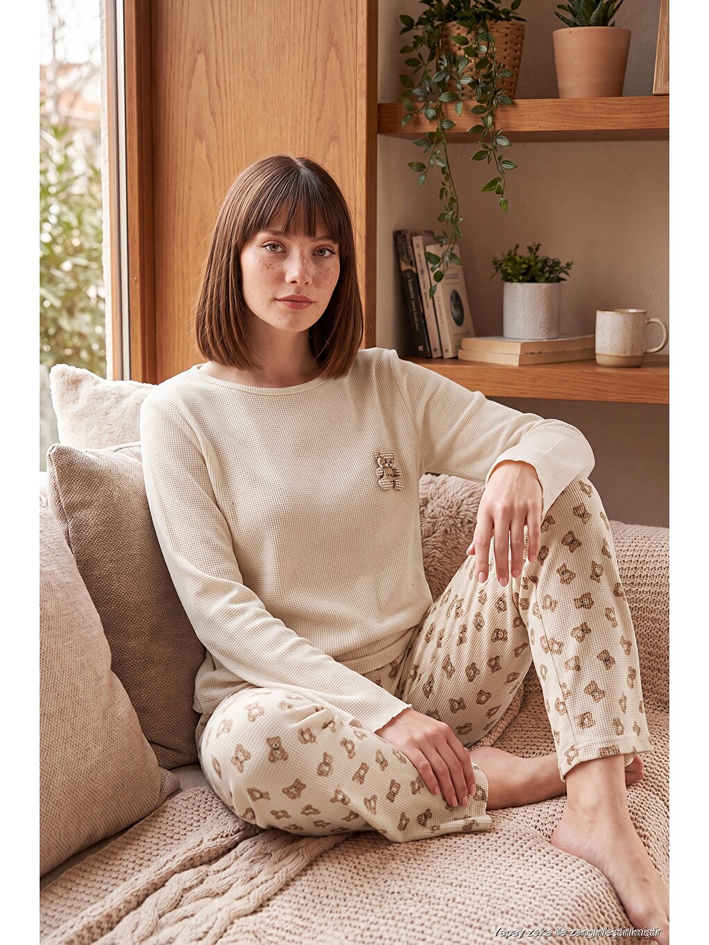 Ekru Yumuşak Dokulu Desenli Uzun Kollu Kadın Pijama Takımı 6575018