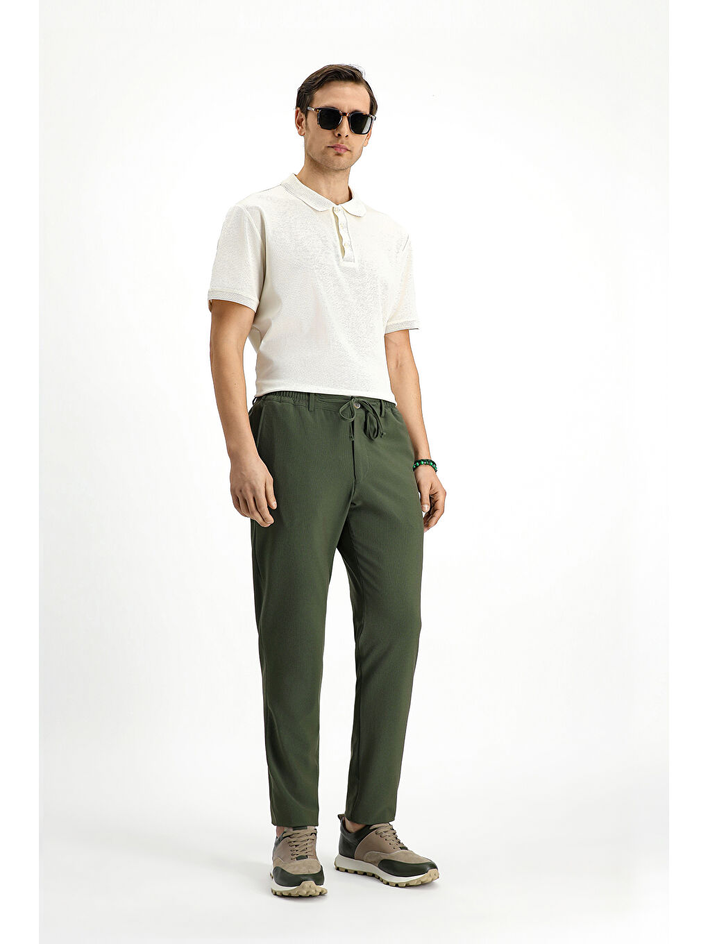 Yeşil Super Slim Fit Ekstra Dar Kesim Beli Lastikli İpli Gofre Elastanlı Klasik Kumaş Pantolon-2