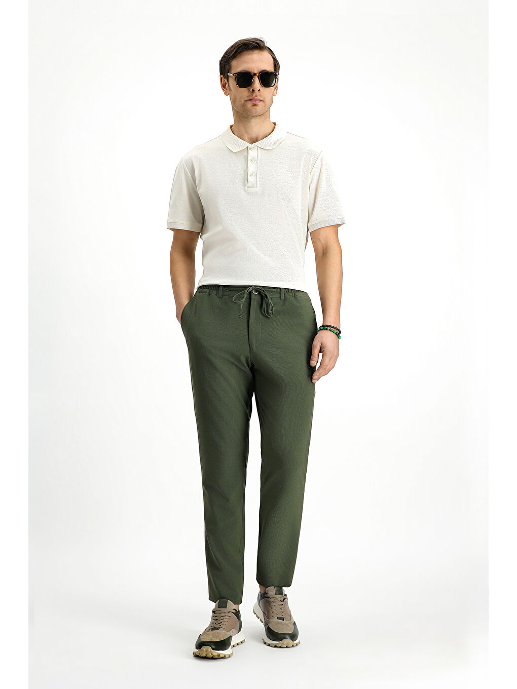 Yeşil Super Slim Fit Ekstra Dar Kesim Beli Lastikli İpli Gofre Elastanlı Klasik Kumaş Pantolon-3