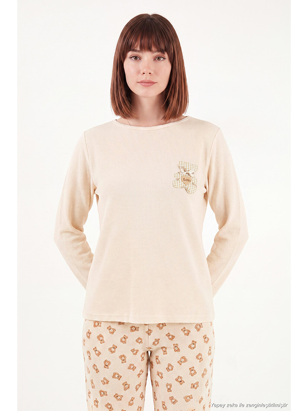Ekru Yumuşak Dokulu Desenli Uzun Kollu Kadın Pijama Takımı 6575018-2