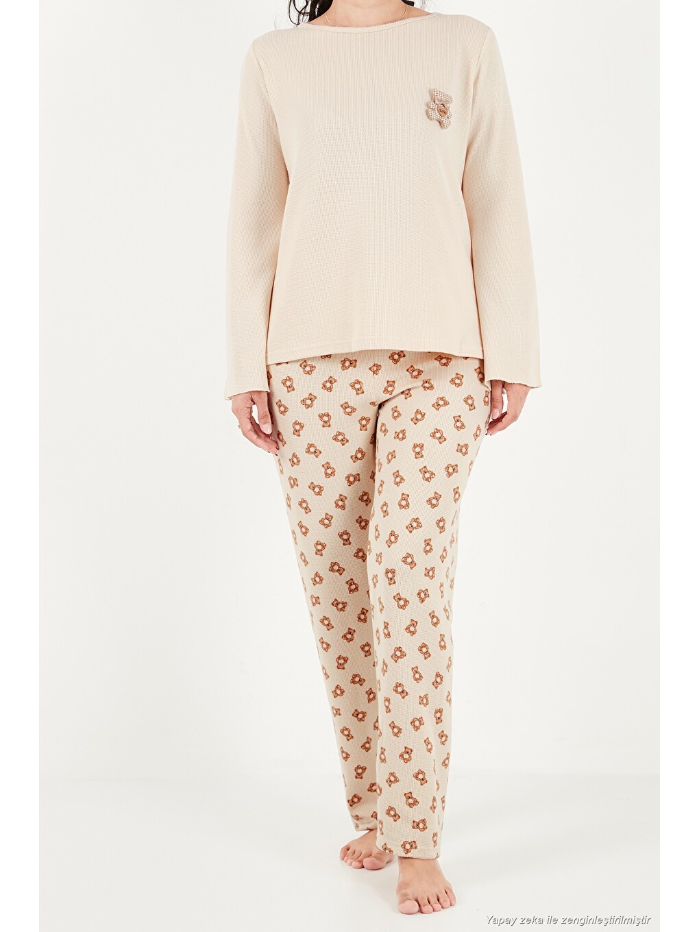 Ekru Yumuşak Dokulu Desenli Uzun Kollu Kadın Pijama Takımı 6575018-4