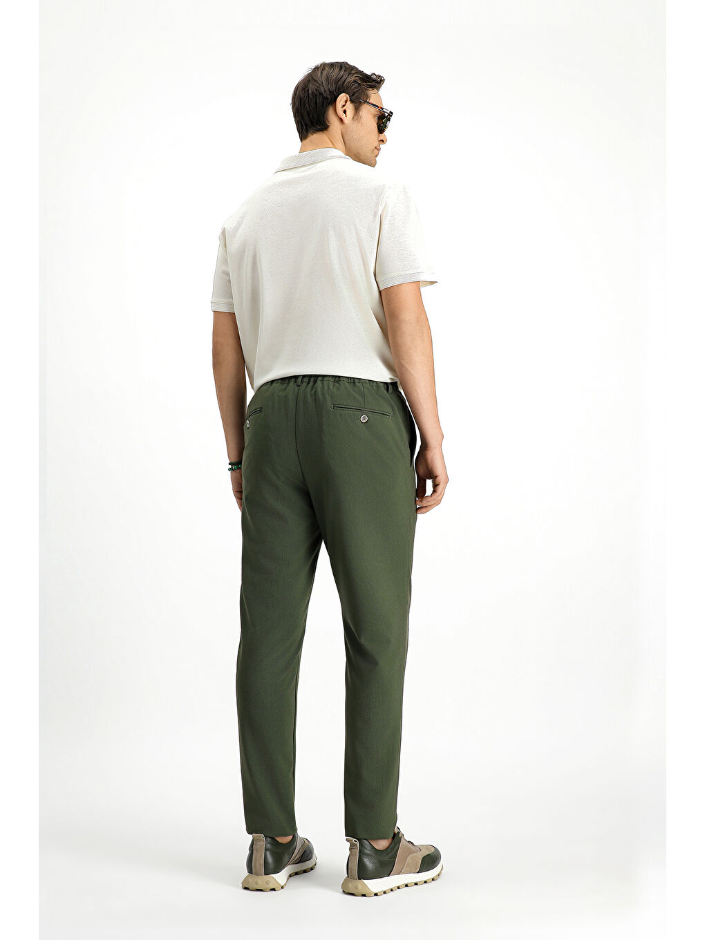 Yeşil Super Slim Fit Ekstra Dar Kesim Beli Lastikli İpli Gofre Elastanlı Klasik Kumaş Pantolon-4