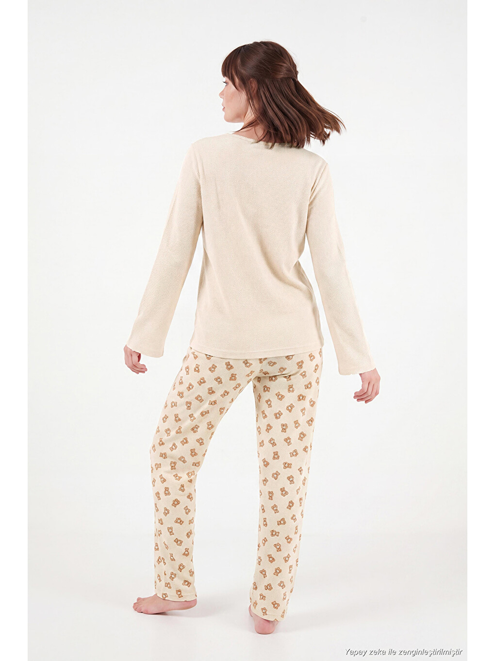 Ekru Yumuşak Dokulu Desenli Uzun Kollu Kadın Pijama Takımı 6575018-5