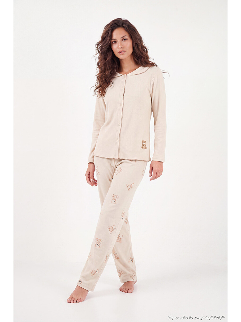 Ekru Ayıcık Desenli Lastikli Bel Uzun Kollu Yumuşak Dokulu Kadın Pijama Takımı 6575023-1