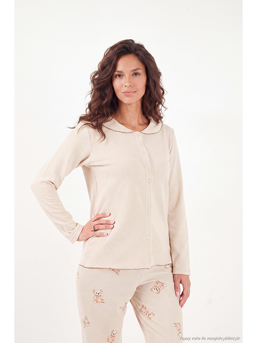 Ekru Ayıcık Desenli Lastikli Bel Uzun Kollu Yumuşak Dokulu Kadın Pijama Takımı 6575023-2