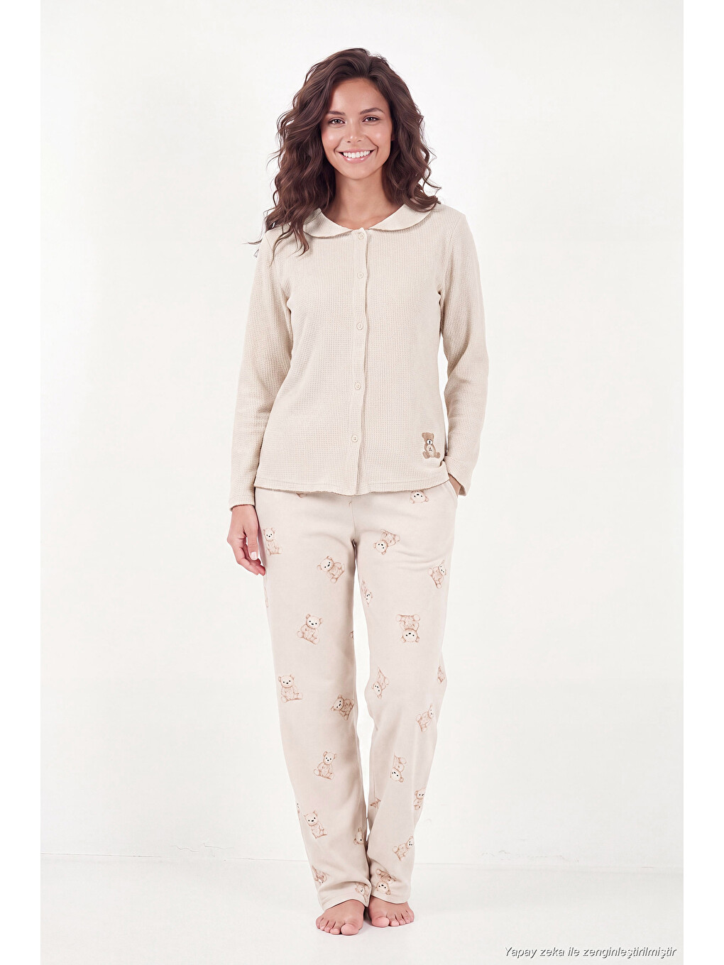 Ekru Ayıcık Desenli Lastikli Bel Uzun Kollu Yumuşak Dokulu Kadın Pijama Takımı 6575023-3