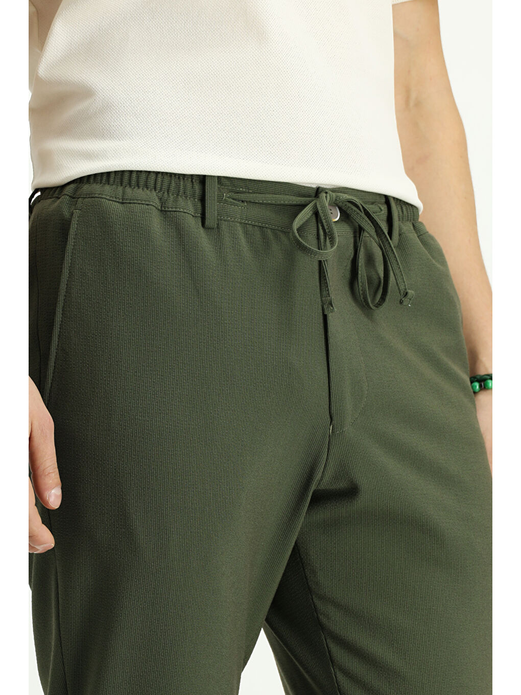 Yeşil Super Slim Fit Ekstra Dar Kesim Beli Lastikli İpli Gofre Elastanlı Klasik Kumaş Pantolon-5