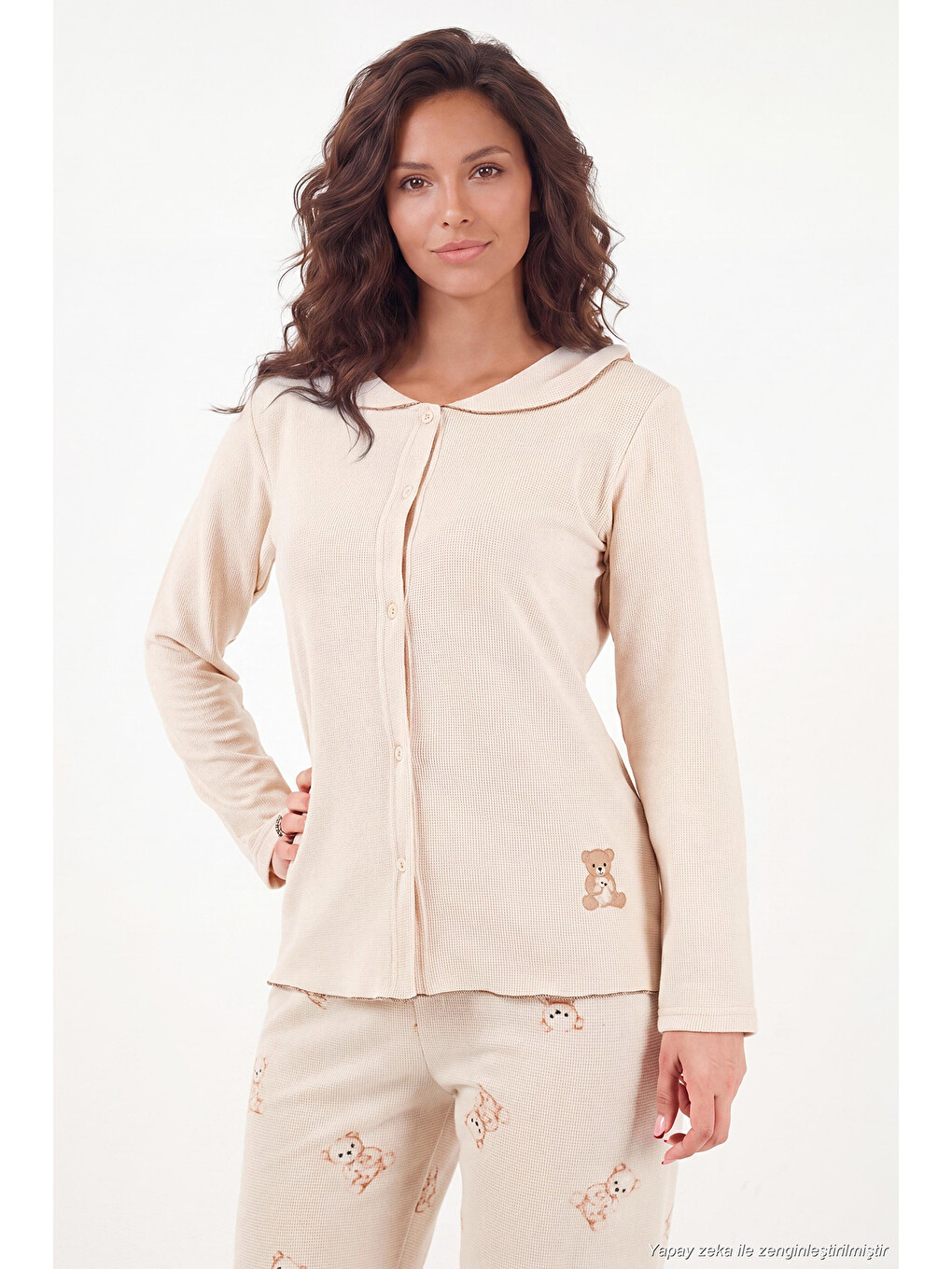 Ekru Ayıcık Desenli Lastikli Bel Uzun Kollu Yumuşak Dokulu Kadın Pijama Takımı 6575023-4