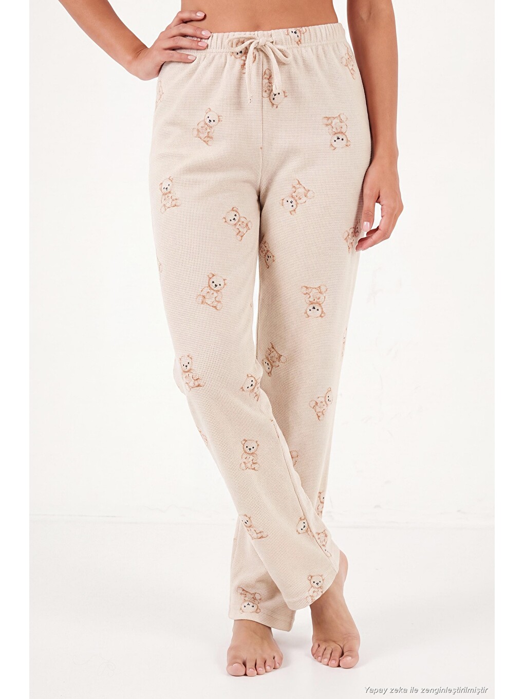 Ekru Ayıcık Desenli Lastikli Bel Uzun Kollu Yumuşak Dokulu Kadın Pijama Takımı 6575023-5