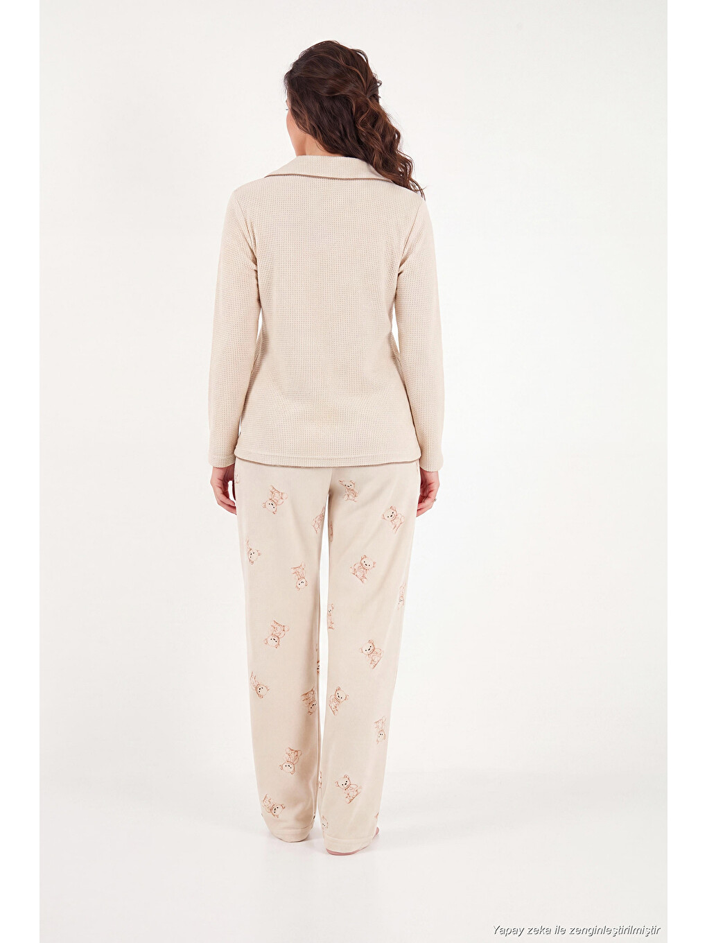 Ekru Ayıcık Desenli Lastikli Bel Uzun Kollu Yumuşak Dokulu Kadın Pijama Takımı 6575023-6