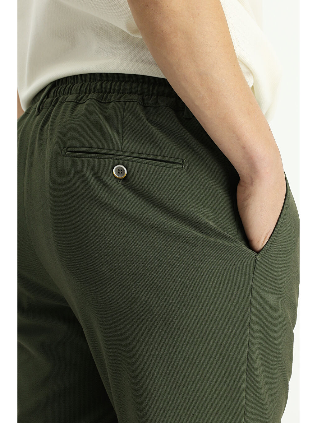 Yeşil Super Slim Fit Ekstra Dar Kesim Beli Lastikli İpli Gofre Elastanlı Klasik Kumaş Pantolon-6