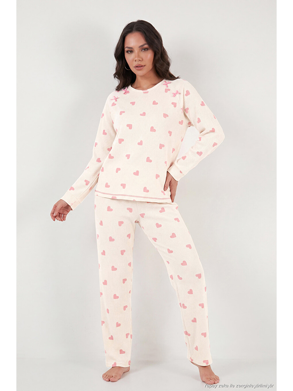 Ekru Desenli Yumuşak Dokulu Uzun Kollu Kadın Pijama Takımı 6575020-1