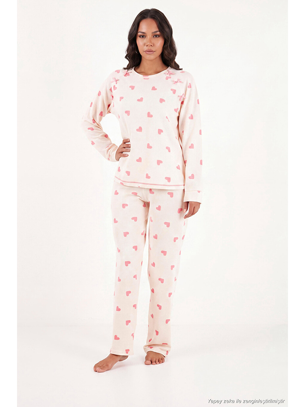 Ekru Desenli Yumuşak Dokulu Uzun Kollu Kadın Pijama Takımı 6575020-2