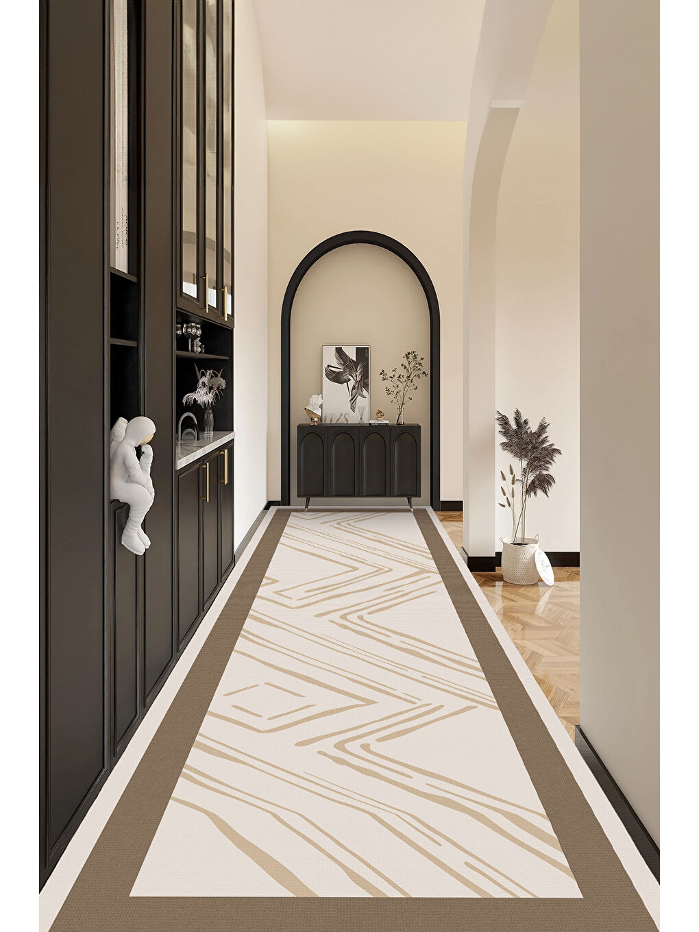 Bej Dekoratif Salon Halısı, Makinada Yıkanabilir, Kaymaz Taban, İnce & Modern Tasarım-4