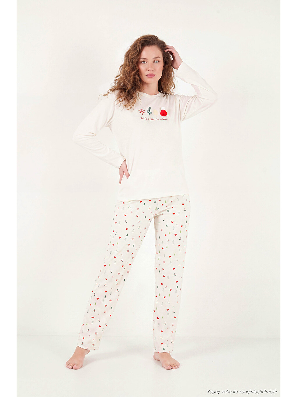 Ekru Desenli Yumuşak Dokulu Uzun Kollu Kadın Pijama Takımı 6575016-1