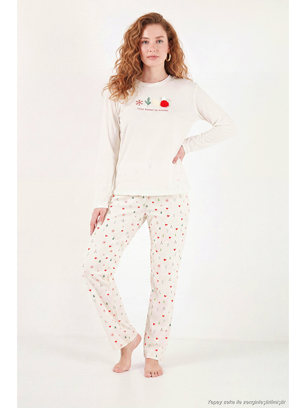 Ekru Desenli Yumuşak Dokulu Uzun Kollu Kadın Pijama Takımı 6575016-2