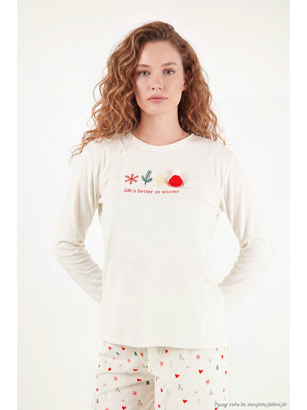 Ekru Desenli Yumuşak Dokulu Uzun Kollu Kadın Pijama Takımı 6575016-3