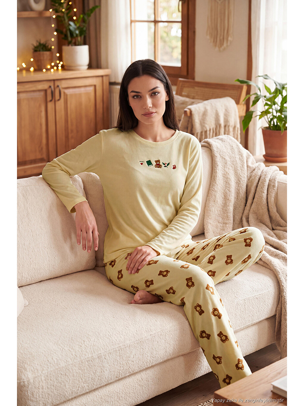 Sarı Desenli Yumuşak Dokulu Uzun Kollu Kadın Pijama Takımı 6575016-1