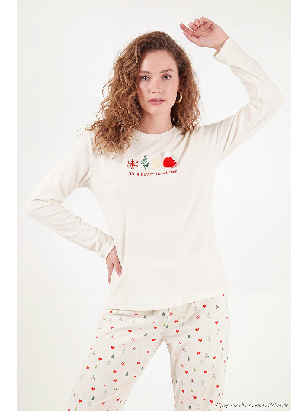 Ekru Desenli Yumuşak Dokulu Uzun Kollu Kadın Pijama Takımı 6575016-4