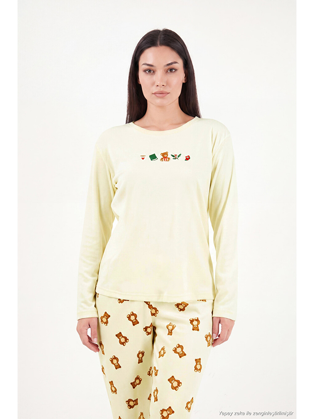 Sarı Desenli Yumuşak Dokulu Uzun Kollu Kadın Pijama Takımı 6575016-2