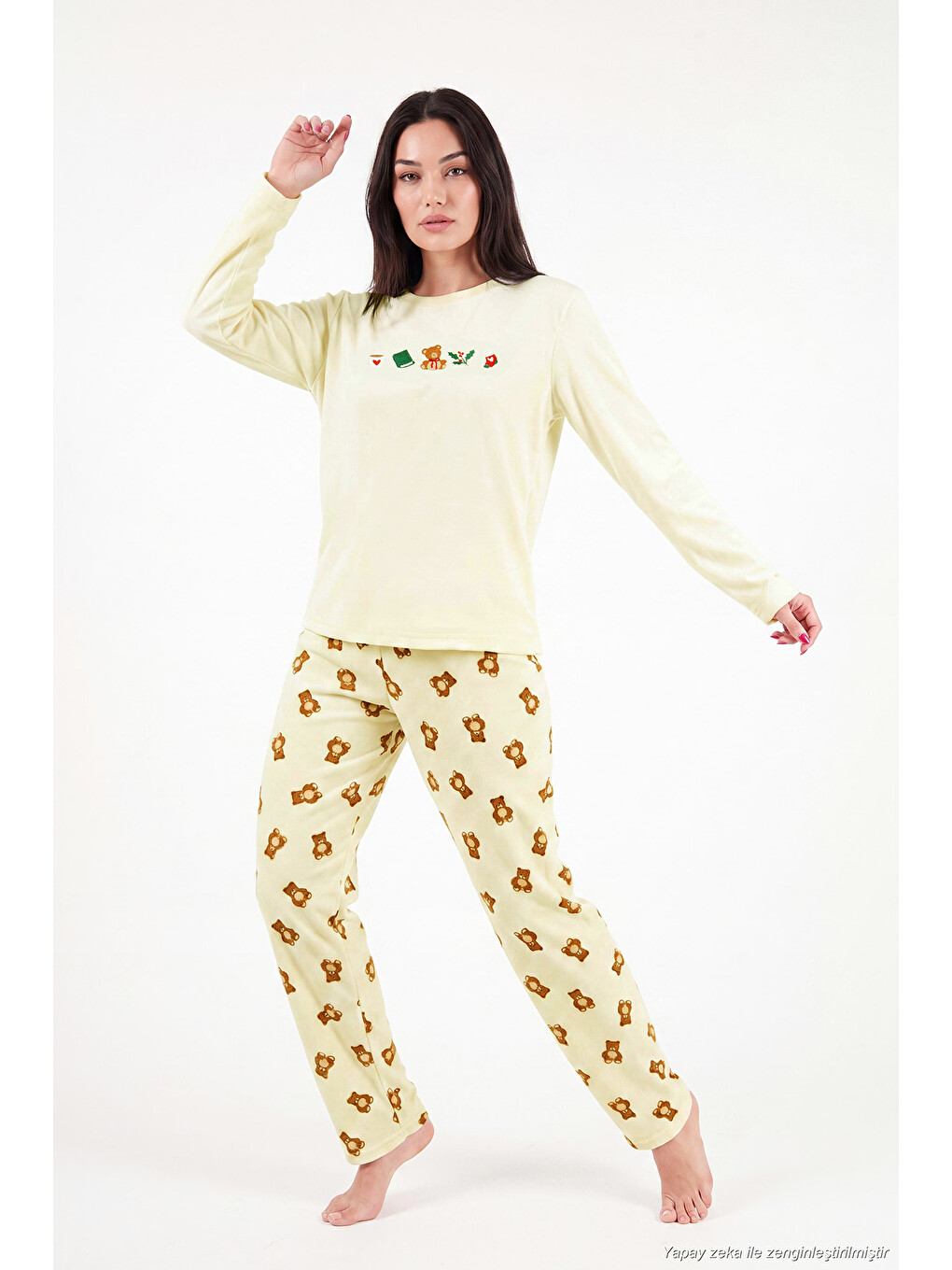 Sarı Desenli Yumuşak Dokulu Uzun Kollu Kadın Pijama Takımı 6575016-3