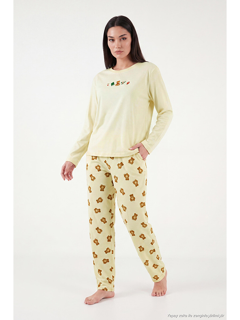 Sarı Desenli Yumuşak Dokulu Uzun Kollu Kadın Pijama Takımı 6575016-4