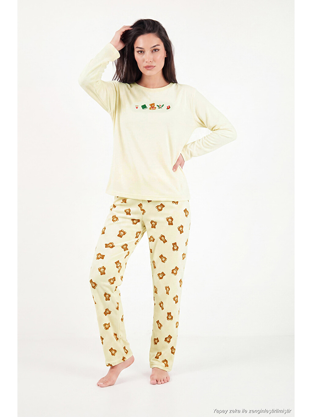 Sarı Desenli Yumuşak Dokulu Uzun Kollu Kadın Pijama Takımı 6575016-5