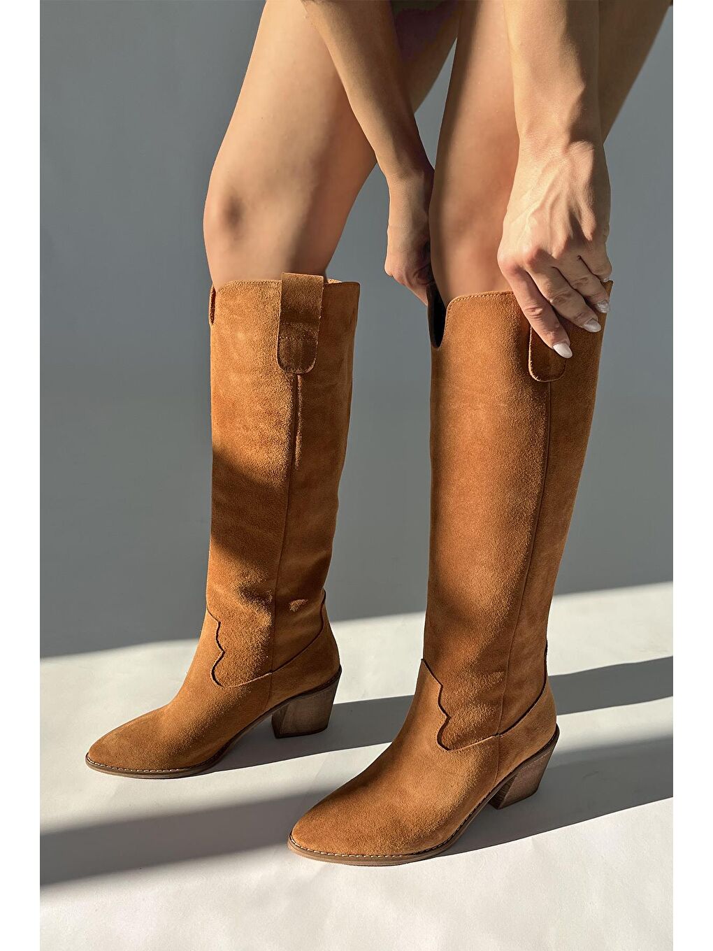 Kahverengi Nemy  Kadın Sivri Burun Hakiki Süet Deri Çizme Taba-2