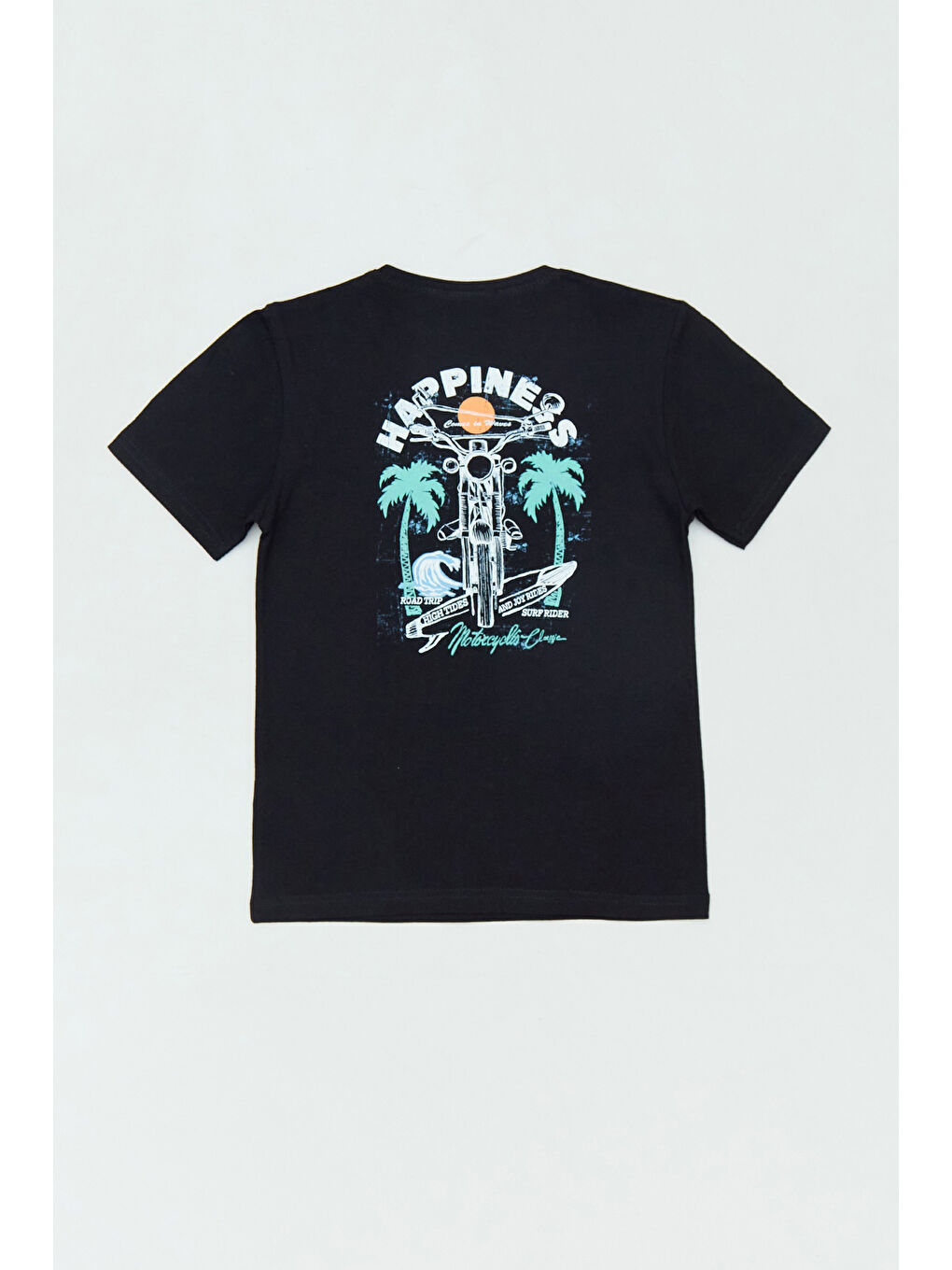Siyah %100 Pamuk Arkası Happiness Baskılı Erkek Çocuk Tişört-1