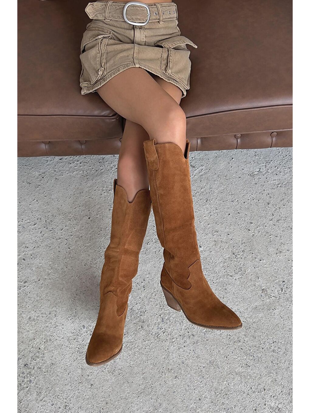 Kahverengi Nemy  Kadın Sivri Burun Hakiki Süet Deri Çizme Taba-3