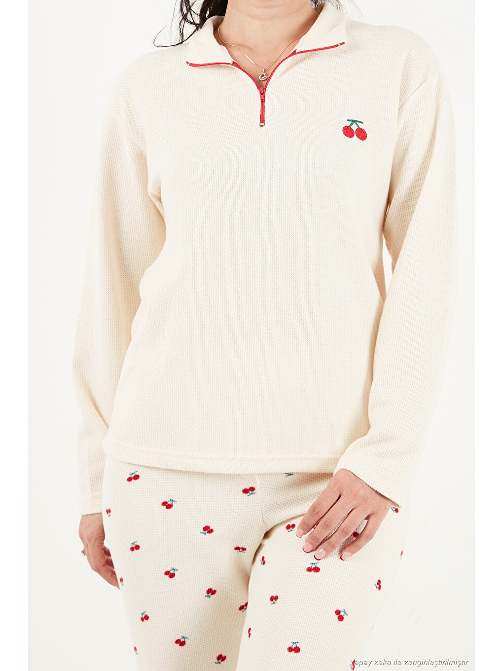 Ekru Desenli Yumuşak Dokulu Yarım Fermuarlı Dik Yaka Kadın Pijama Takımı 6575017-4