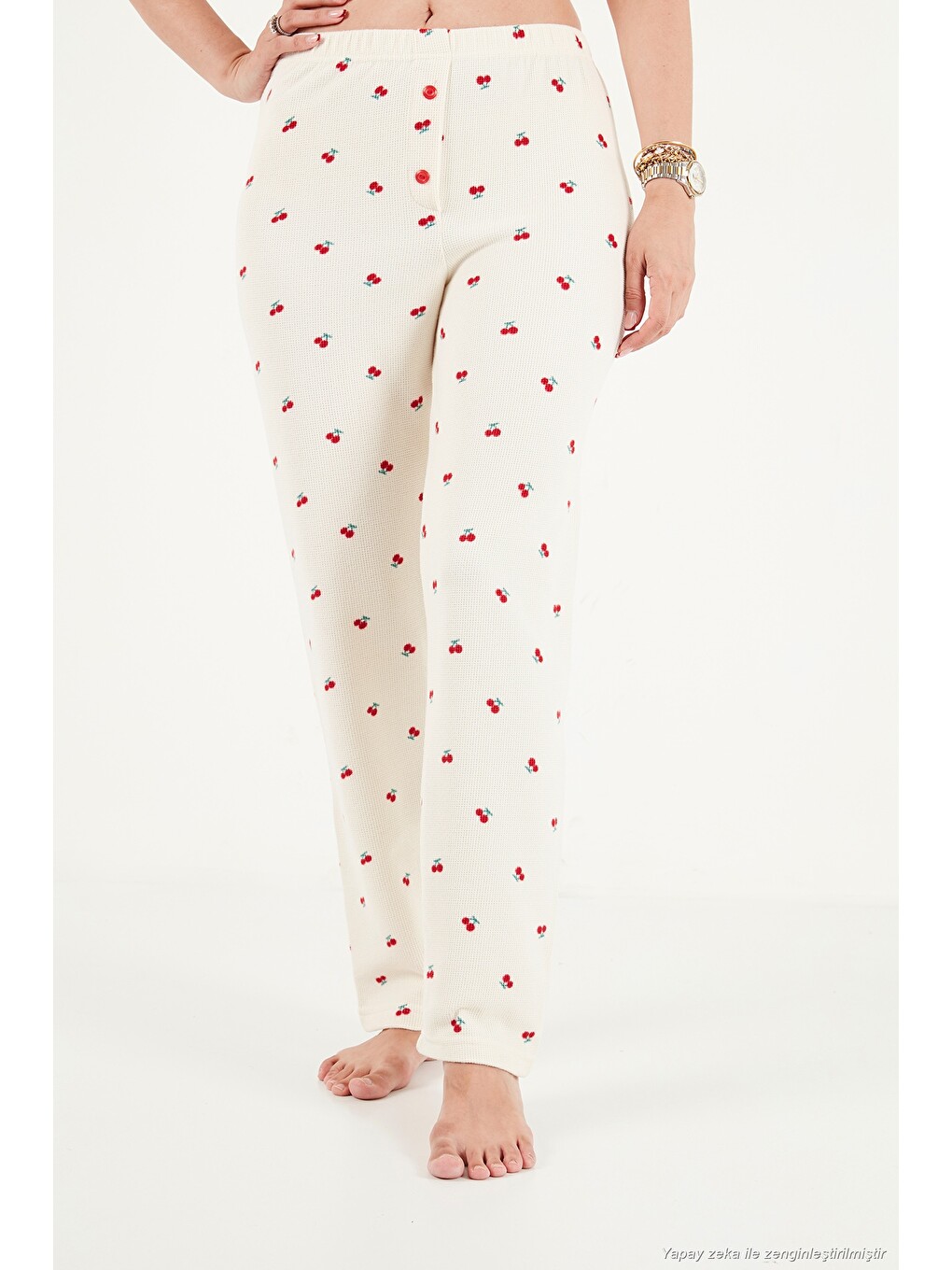 Ekru Desenli Yumuşak Dokulu Yarım Fermuarlı Dik Yaka Kadın Pijama Takımı 6575017-5